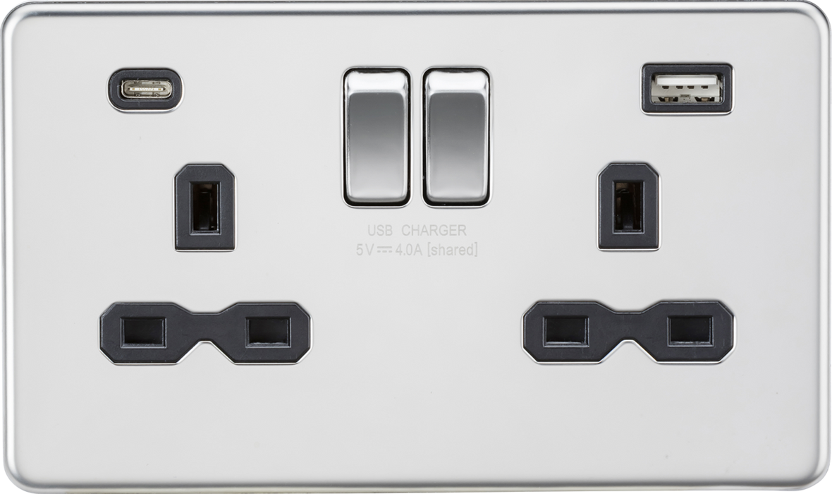 13A 2G SP Switched Socket with Dual USB A+C (5V DC 4.0A shared) - Polished Chrome with Black Insert