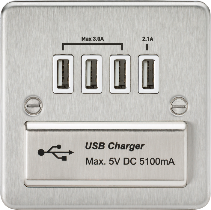 Flat Plate Quad USB charger outlet - Brushed chrome with white insert