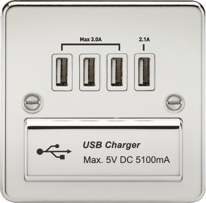 Flat Plate Quad USB charger outlet - Polished chrome with white insert