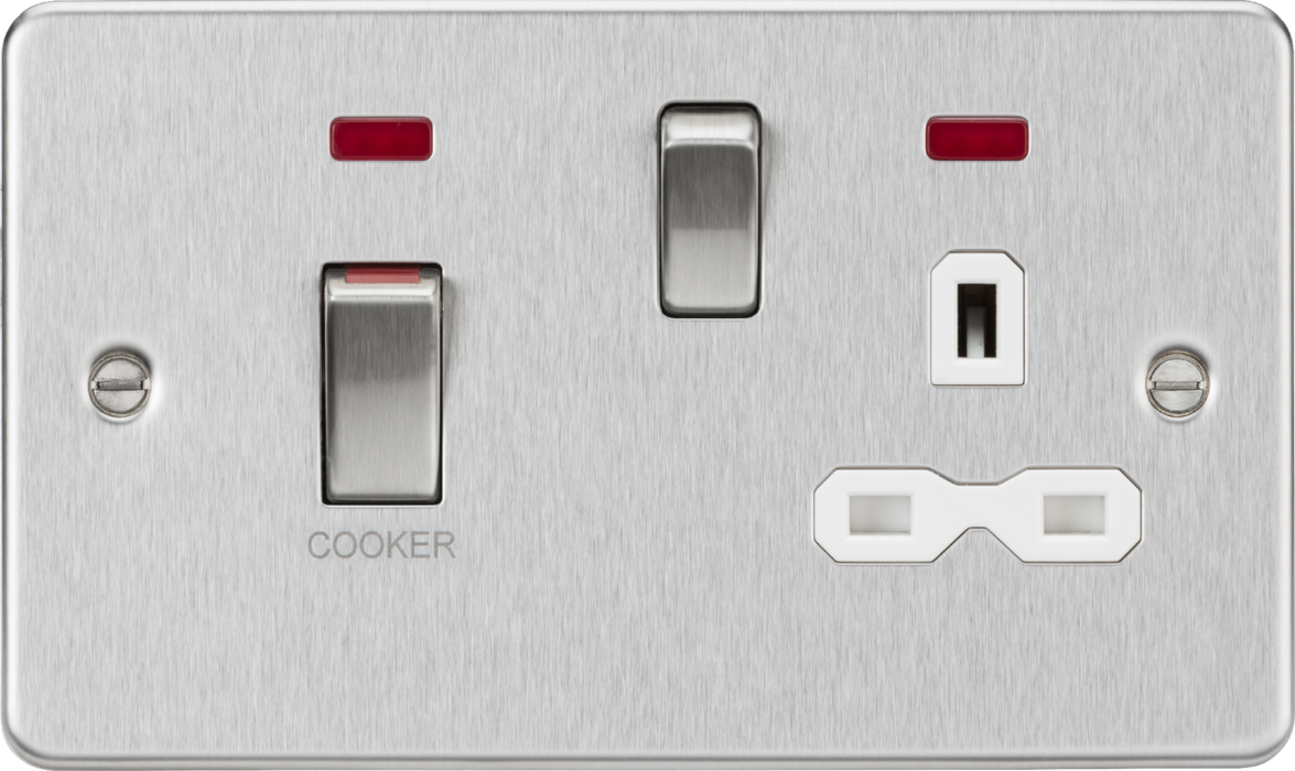 45A DP Switch and 13A switched socket with neons - brushed chrome with white insert