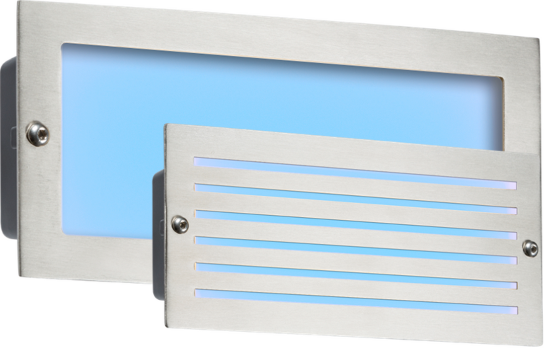 230V IP54 5W Blue LED Recessed Brick Light - Brushed Steel Fascia