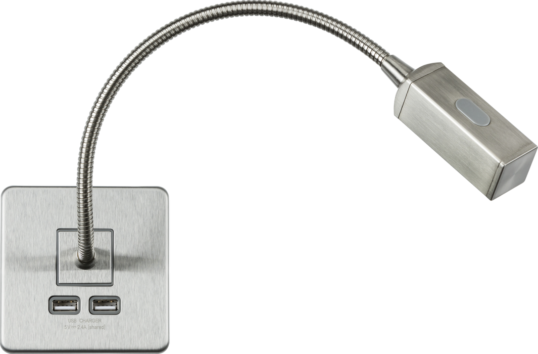 Screwless Reading Light with Dual USB Charger - Brushed Chrome