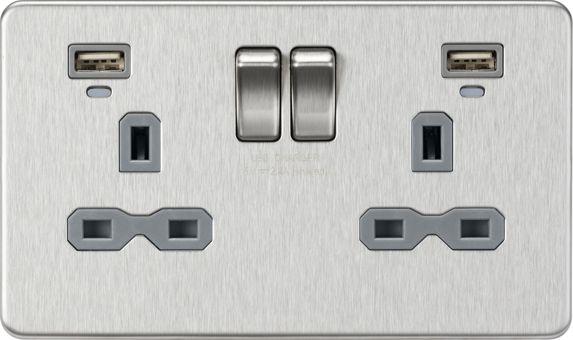 13A 2G Switched Socket, Dual USB (2.4A) with LED Charge Indicators - Brushed Chrome w/grey insert