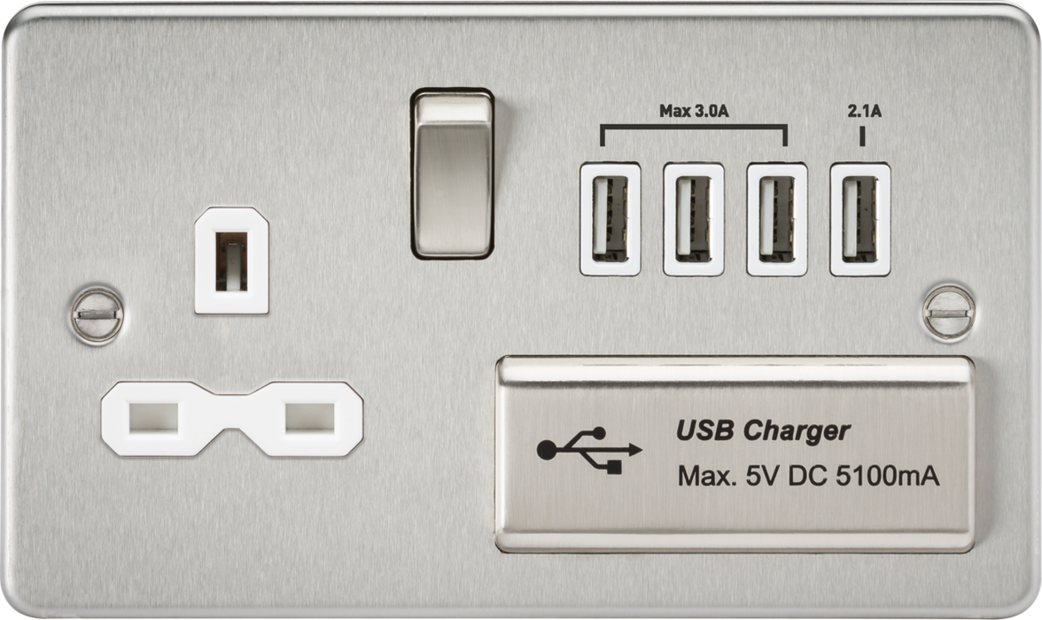 Flat plate 13A switched socket with quad USB charger - brushed chrome with white insert