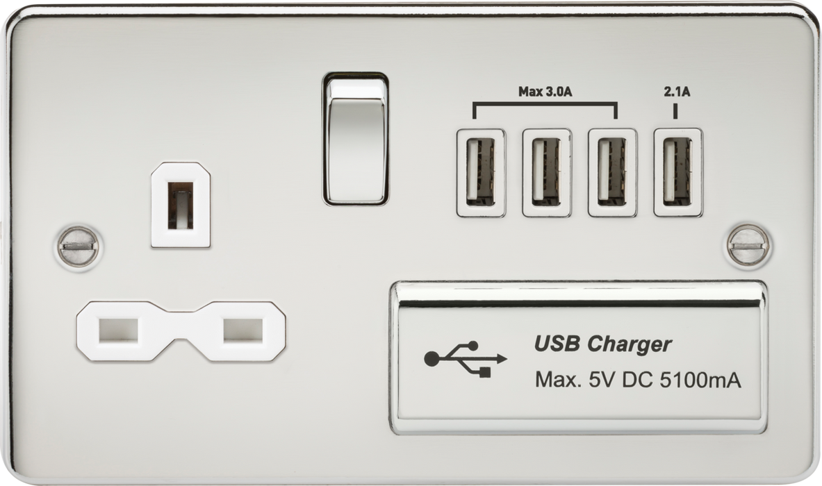 Flat plate 13A switched socket with quad USB charger - polished chrome with white insert