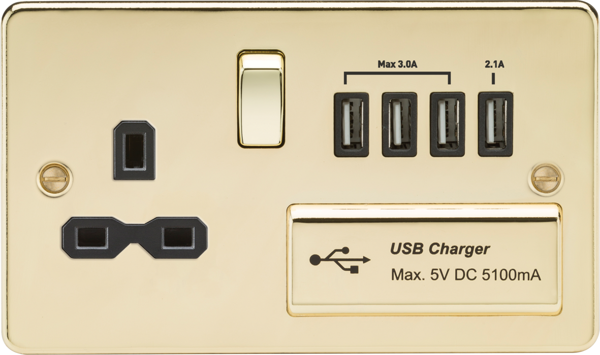 Flat plate 13A switched socket with quad USB charger - polished brass with black insert