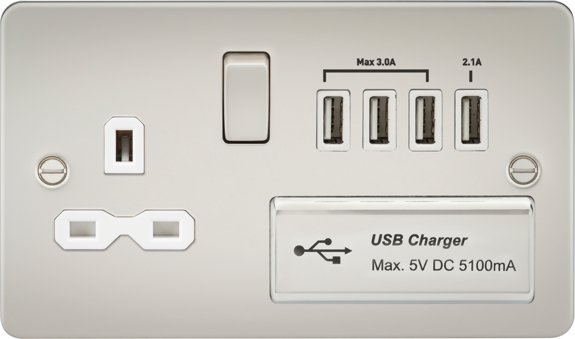 Flat plate 13A switched socket with quad USB charger - pearl with white insert