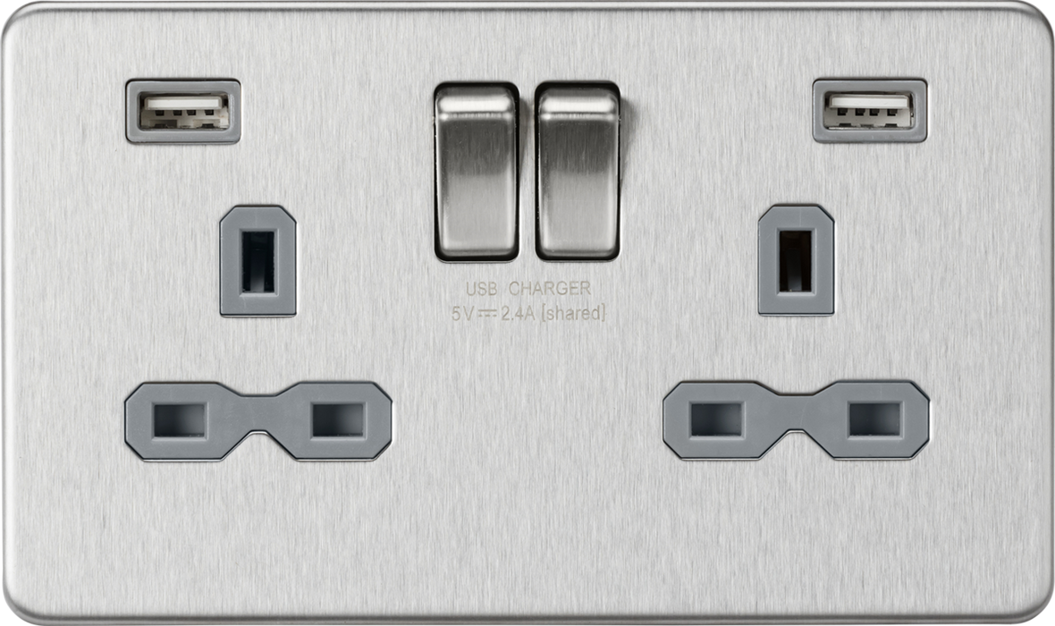 13A 2G switched socket with dual USB charger A + A (2.4A) - Brushed chrome with grey insert