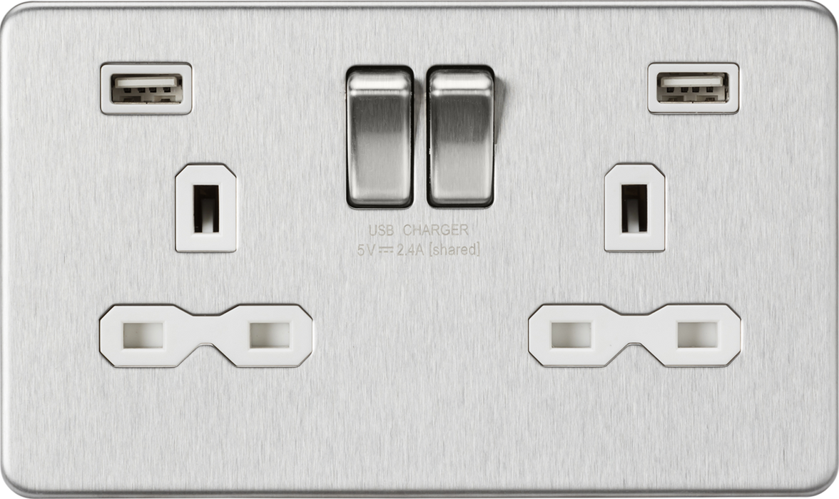 13A 2G switched socket with dual USB charger A + A (2.4A) - Brushed chrome with white insert