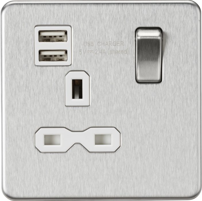 Screwless 13A 1G switched socket with dual USB charger (2.4A) - brushed chrome with white insert