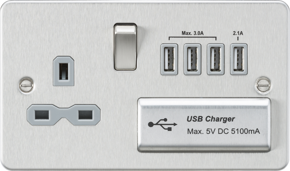 Flat plate 13A switched socket with quad USB charger - brushed chrome with grey insert