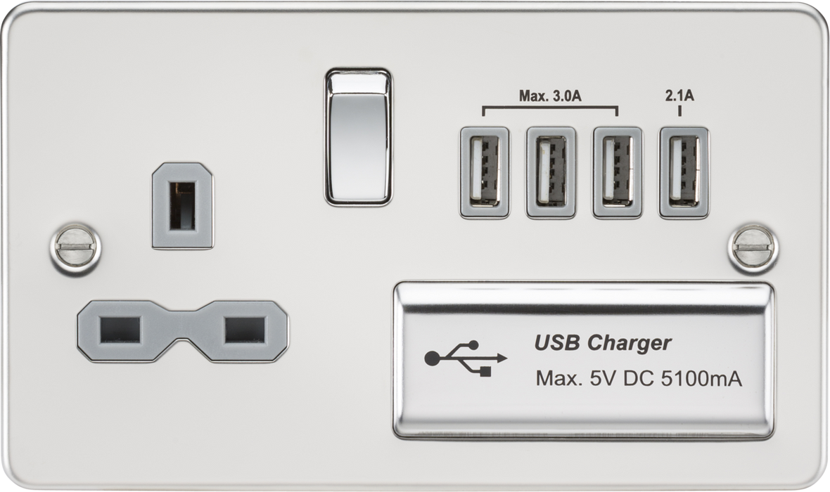 Flat plate 13A switched socket with quad USB charger - polished chrome with grey insert