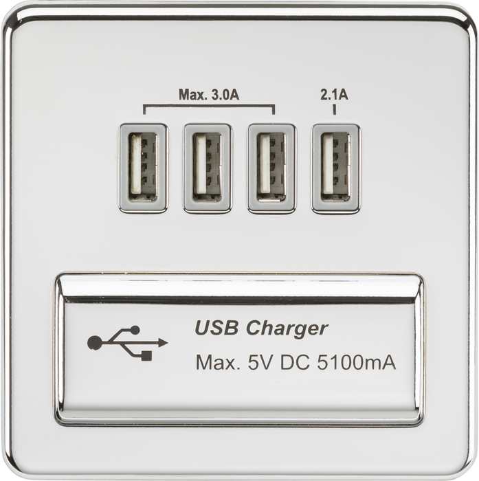 Screwless Quad USB charger Outlet (5.1A) - Polished chrome with grey insert