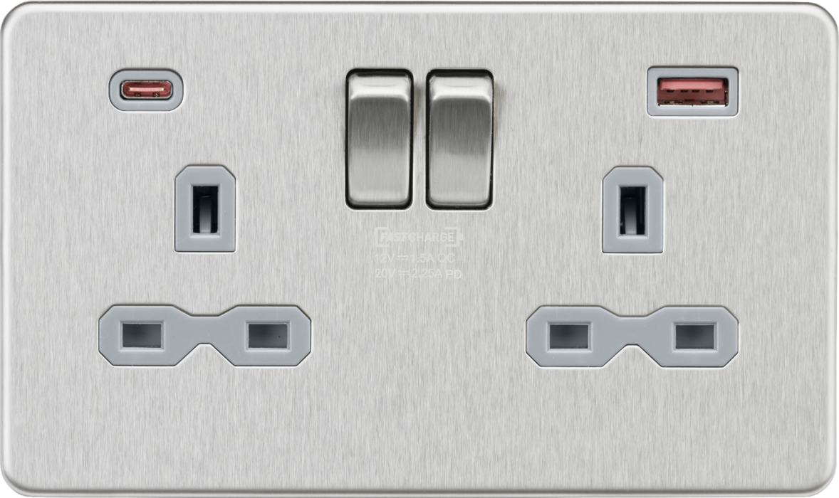 13A 2G DP Switched Socket with Dual USB A+C [45W FASTCHARGE] - Brushed Chrome with grey insert