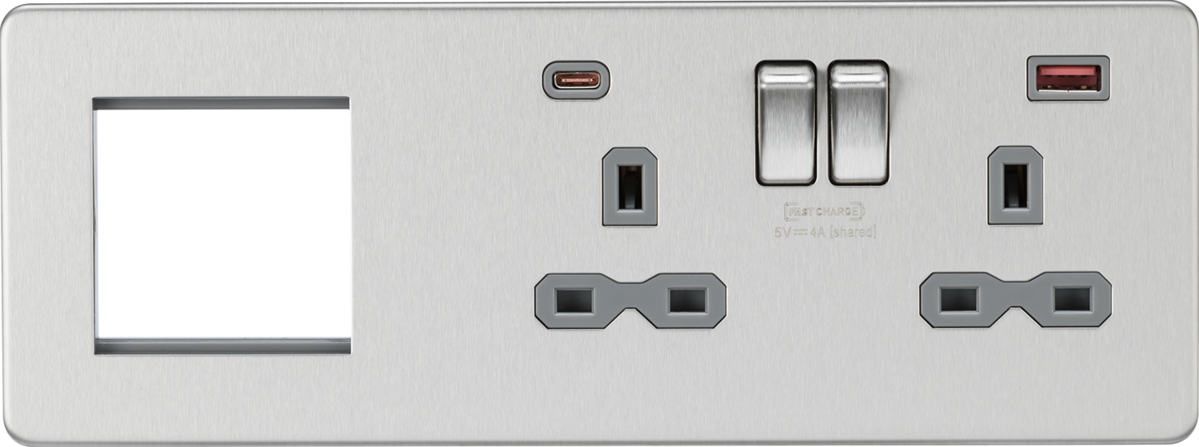 Screwless 13A 2G DP Socket with USB Fastcharge + 2G Modular Combination Plate - Brushed Chrome