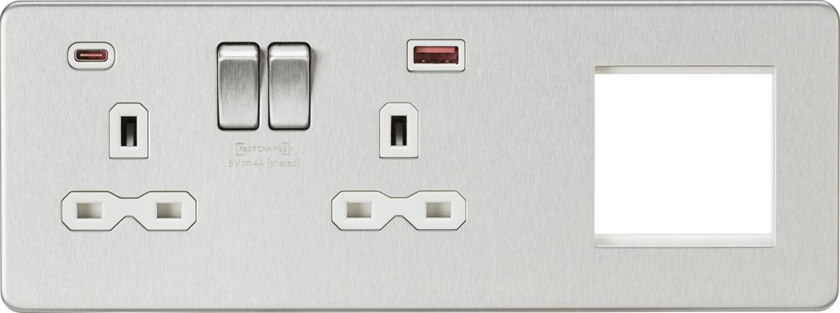 Screwless 13A 2G DP Socket with USB Fastcharge + 2G Modular Combination Plate - Brushed Chrome