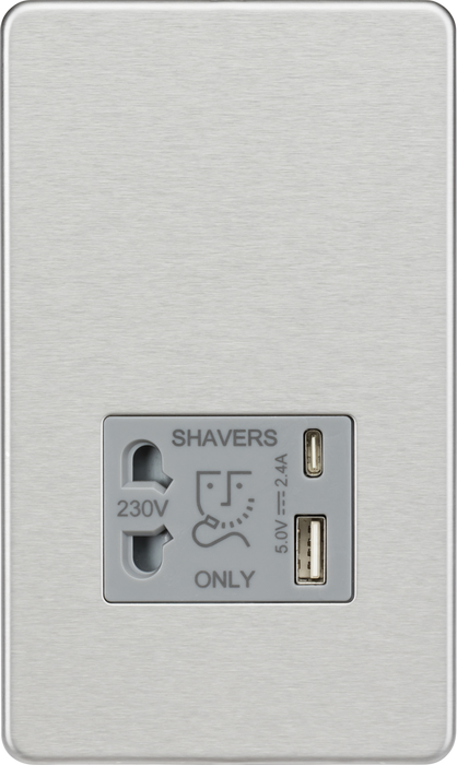 Shaver socket with dual USB A+C (5V DC 2.4A shared) - brushed chrome with grey insert